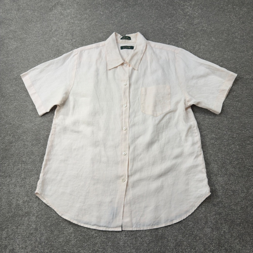 J.Crew Linen Button Down Shirt Womens 12 Pink Short Sleeve Pocket Summer Blouse